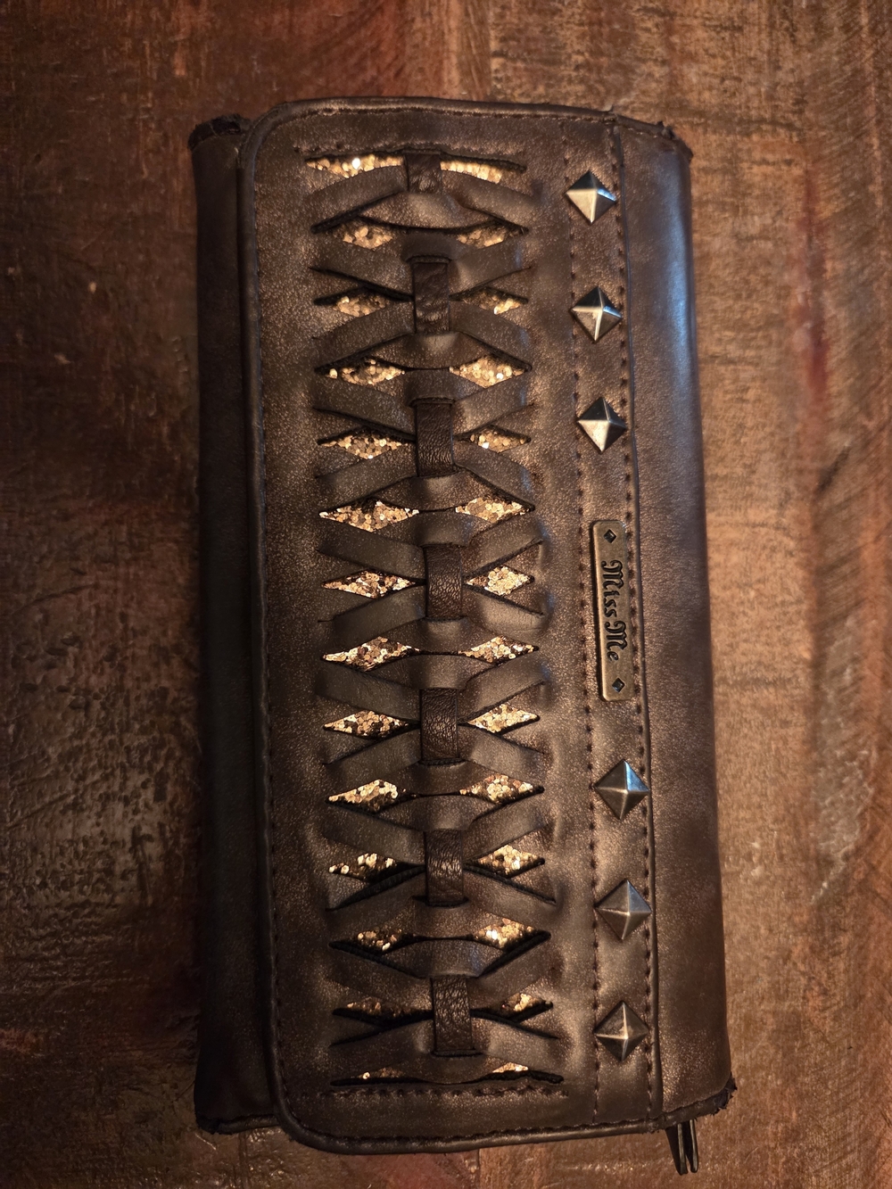 Miss Me Black Wallet with Gold Underlay and Studs